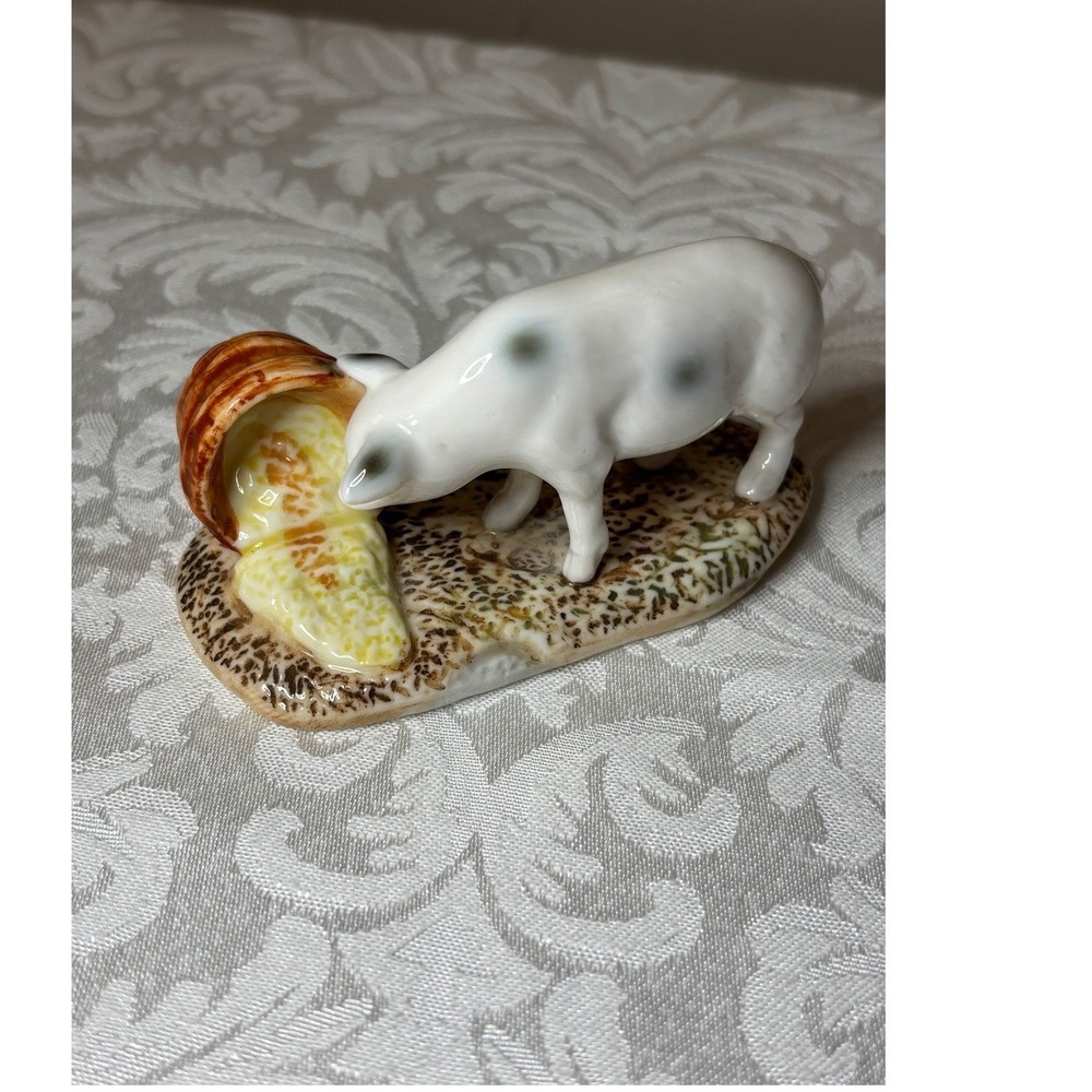 Vintage Porcelain Pig Figurine Eating from Basket Spotted Hog Farmhouse Decor